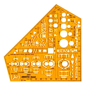 Aristo AH5051 Schablone Müller-Schulwinkel Metall - Zeichenschablone für Sechskantschrauben und Schweißzeichen, formstabil und kontrasterhöhendes orange-transparentes Design
