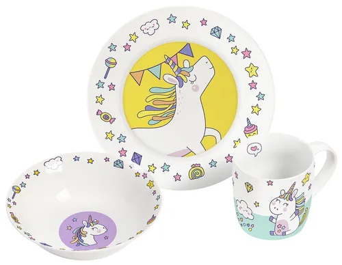 Geda Labels GmbH Kindergeschirr-Set Einhorn Doodle 3teilig (3-tlg), Porzellan, Weiß, 24x9,8x14,5, spülmaschinengeeignet