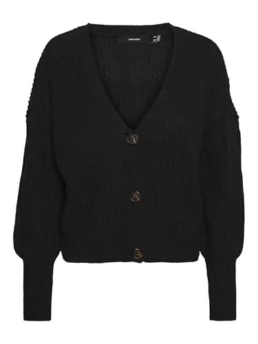 VERO MODA Damen Vmlea Ls V-Hals Manchet Cardigan - Modische Strickjacke in Schwarz - Strickjacken für Damen, cooler Style mit extra langen Bündchen und lässiger Form aus softer Grobstrick Qualität.