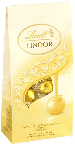 Lindt Lindor Kugeln Weiss 136g - Feine Pralinen aus weißer Schokolade im praktischen Beutel. Ideal für jeden Anlass und ein Genuss für Schokoladenliebhaber.