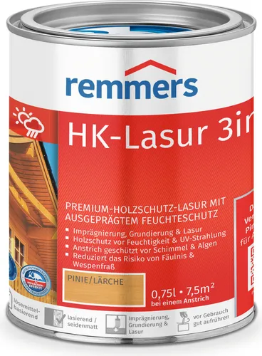 Remmers Holzlasur HK-Lasur 3in1, 0,75l - Wetterfester Holzschutz für außen - Holzlasur für außen, vereint Imprägnierung, Grundierung und Lasur in einem Produkt. Schützt vor Feuchtigkeit, UV-Strahlung, Schimmel und Algen. Ideal für Zäune, Carports und Gartenhäuser.