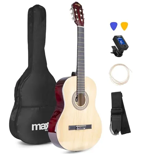 MAX SoloArt - 4/4 Akustik Gitarre für Anfänger Einsteiger Erwachsene - Akustikgitarre inkl. Tasche, Stimmgerät, Plektrum, Gurt und Zubehör - Acoustic Guitar, Konzertgitarre in Naturholz
