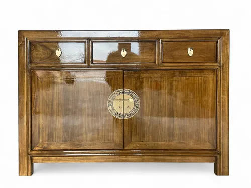 OPIUM OUTLET Vintage Asia Sideboard Kommode (Maroon) - Kommode im Vintage-Stil mit 3 Schubfächern und 2 Türen für großzügigen Stauraum. Handgefertigt aus Holz mit feinen Messingbeschlägen, komplett montiert und sofort einsatzbereit.
