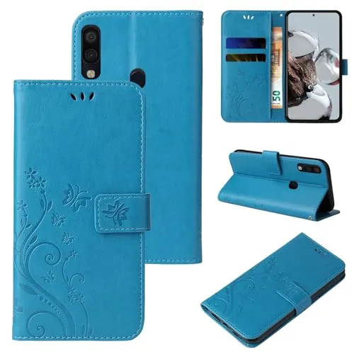 LBH Handy Hülle für Samsung Galaxy A40 Case Handytasche Schmetterling Blumen Flower Standfunktion Schutzhülle Magnet Rundum Schutz 360 Grad Flipcase Cover Blau