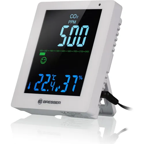 Bresser CO2 Luftqualitätsmonitor Smile - Luftqualitätsmonitor zur Überwachung von CO2, Luftfeuchtigkeit und Temperatur mit komfortabler Lüftungsempfehlung. Ideal für gesundes Raumklima zu Hause.