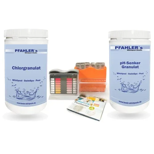 Whirlpool Wasserpflege Sparset, Chlorgranulat schnelllöslich, pH Senker, Pooltester Inkl.Testtabletten. Pool Starterset Swim Spa