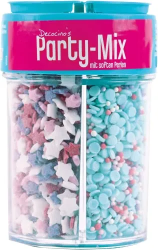 Decocino Streusel-Mix „Party-Mix“ – Zucker-Perlen, Streu-Dekor, Konfett, – Torten-Deko, Kuchen-Deko, Muffin-Deko – Streusel-Deko für Fondant, Zuckerwatte, Cake Pops, 95 g