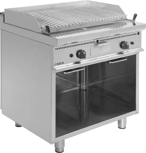 Saro Gas-Lavasteingrill E7/Bs2Ba - Großküchentechnik mit authentischem BBQ-Geschmack, dank Lavasteinen und fettarmem Grillen auf V-Profil-Edelstahlrost. Sicherer Betrieb durch Piezo-Zünder und praktischer Unterbau für Gasflaschen.