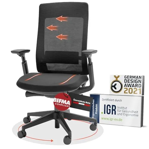 Yaasa Chair Essential – Ergonomischer Bürostuhl Schwarz mit Lordosenstütze - Ergonomischer Bürostuhl für flexibles Sitzen: Verstellbare Rückenlehne und Armlehnen bieten individuellen Komfort. Ideal für Homeoffice und Büro, belastbar bis 130 kg und einfach zu montieren.