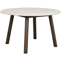 Rowico Esstisch Taransay Ø 125 cm – Eleganz trifft Natur - Esstisch aus sandfarbenem Travertin und FSC-zertifizierter Eiche, ideal für stilvolle Essbereiche und langlebige Qualität.
