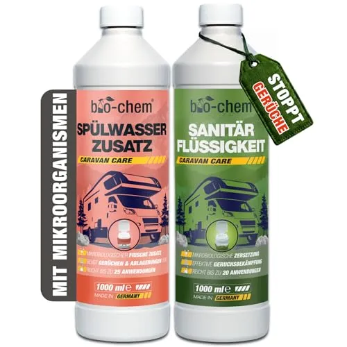 bio-chem Campingtoiletten DUO - Sanitärflüssigkeit & Spülwasser-Zusatz - WC-Reiniger mit mikrobiologischer Formel für langanhaltende Frische, verhindert Ablagerungen und erleichtert die Tankentleerung.