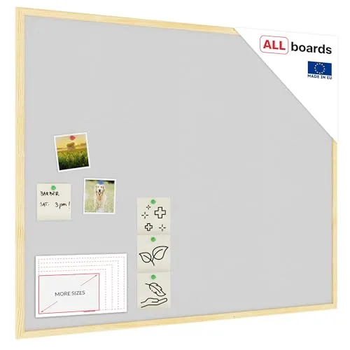 Allboards Hellgrau Pinnwand 100x80cm mit Holzrahmen - Präsentation: Langlebige Korktafel mit selbstheilender Oberfläche, ideal für intensiven Einsatz im Büro. Inklusive Montagematerial für einfache Befestigung von Notizen und Unterlagen.