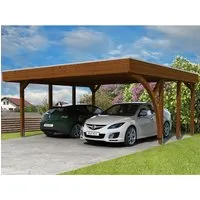 Doppelcarport SKAN HOLZ Friesland mit Einfahrtsbogen - Robuster Doppelcarport aus Holz mit Flachdach und Pfostenankern, ideal für den Schutz Ihrer Fahrzeuge im Garten.