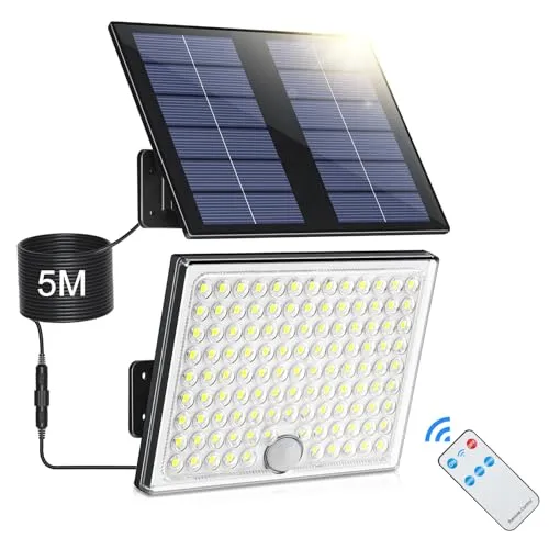 Realky Solarlampen für Außen mit Fernbedienung,Außenlampe mit bewegungsmelder,IP65 Wasserdichte Solarleuchte mit 5m Kabel für Garage, Garten, Hof, Stufen, Haustüren, Rasen- 1 Stück Warmweiß