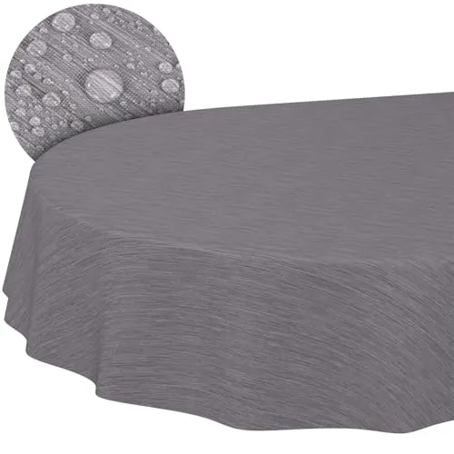Tischdecke abwaschbar Wachstuch Wachstuchtischdecke Gartentischdecke Leinen-Optik Pflegeleicht Wasserabweisend 160 x 140cm (Oval) Grau Schnittkante