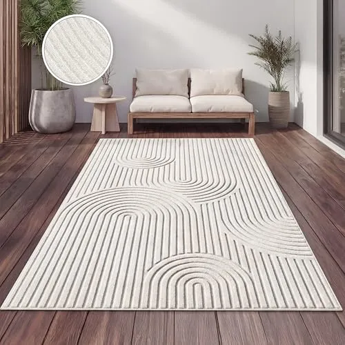 Paco Home Teppich Outdoor Wetterfest, Moderne abstrakte Boho Designs mit 3D Struktur, Pflegeleicht, ideal für Terrasse Wohnzimmer & Küche Beige Creme, Grösse:60x100 cm