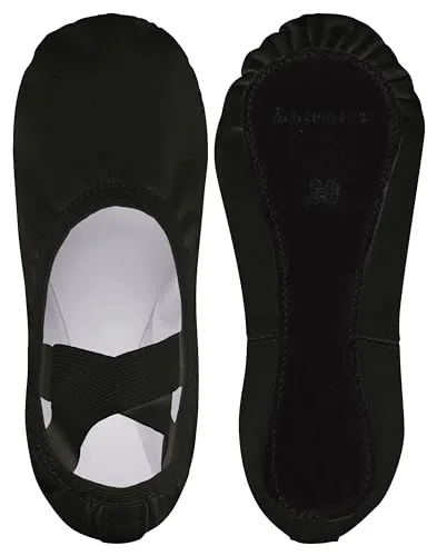 tanzmuster Ballettschuhe Damen - Jona - aus Baumwoll-Stretch - ganze Ledersohle - Ballettschläppchen für Erwachsene - Schwarze Tanzschuhe fürs Ballett, schwarz, 39
