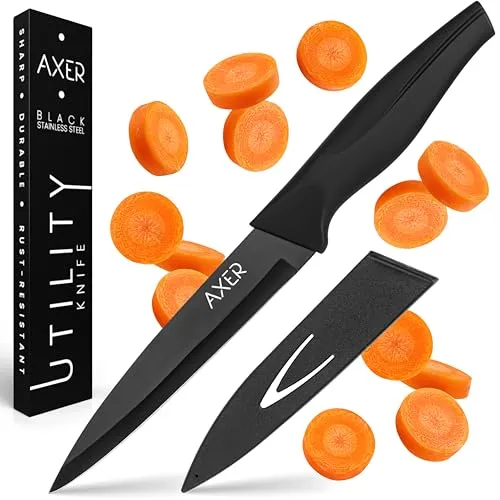 Axer Universalmesser - 12 cm Klingenlänge - Großes Allzweckmesser - Universalmesser Obst & Gemüse & Kräuter - Edelstahl Allzweckmesser mit Schutzhülle - Scharfe Klinge - Utility Knife - Schwarz