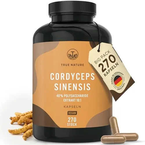 Cordyceps Kapseln hochdosiert - 270 Stück - Vegan & Deutsche Produktion - Pflanzliches Ergänzungsmittel Pilze mit 40% bioaktiven Polysacchariden in einem kraftvollen 10:1 Extrakt. Ideal für 3 Monate tägliche Einnahme und besonders bei veganen Sportlern beliebt.