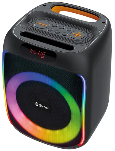 Denver Bluetooth-Lautsprecher BPS-165, schwarz - Portable Lautsprecher mit intensiven Bass und klaren Sound, ideal für unterwegs. Erleben Sie interaktive Lichteffekte und verbinden Sie bis zu zwei Lautsprecher gleichzeitig.
