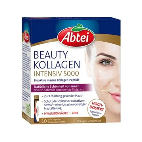 Abtei Beauty Kollagen Intensiv 5000 - Für natürliche Schönheit von innen - 5 g Kollagen-Peptide, Hyaluronsäure, Zink und Vitamin C - Hochdosiert, zuckerfrei - 10 Trinkampullen