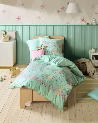 Kaeppel Kinder-Bettwäsche Bunnys Renforcé Mint 135x200 cm - Bettwaren-Set für Kinder, aus hautfreundlichem Renforcé, sorgt für einen erholsamen Schlaf mit süßen Bunny-Motiven.