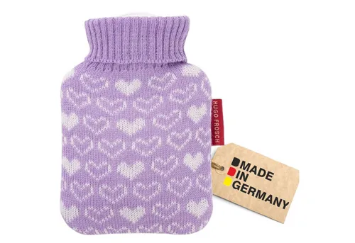 Hugo Frosch Wärmflasche Mini 0,2 l mit Strickbezug kleine Herzen, Made in Germany - Herzen lila