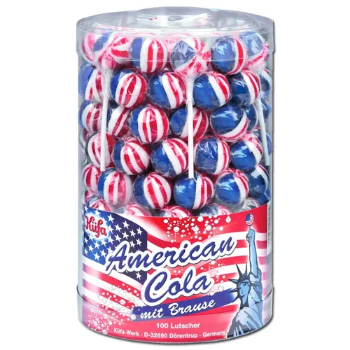 Küfa American Cola Lutscher mit Brause - 100 Stück - Leckere Cola-Lutscher mit spritziger Brausefüllung, ideal für Partys und Naschkatzen. Genießen Sie die süße Erfrischung in praktischer Dose!