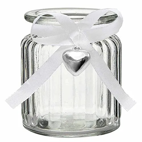 Windlichter Jana aus Glas H 9 cm inkl. Dekoband + 12 Herzen mit Öse zum Verzieren - Teelichtgläser Vase - Glaswindlichter 12 x