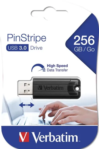VERBATIM USB3.0 Stick PinStripe 256 GB - Ultra-schneller USB 3.0-Stick mit Schiebefunktion, ideal für schnelle Datensicherung und einfachen Datenaustausch