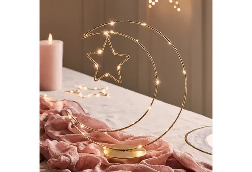 Lights4fun LED Wandleuchte Mond Tischleuchte Ramadandeko in Gold - Stimmungsvolle LED Wandleuchte im Monddesign, ideal für festliche Anlässe. Schafft eine warme Atmosphäre und setzt dekorative Akzente.