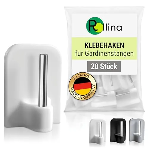 Rollina Klebehaken für Scheibengardinen (20 Stück, weiß) | Gardinenhaken für Gardinenstange ohne Bohren | Haken zum Einhängen | Fensterhaken, Gardinenhalter