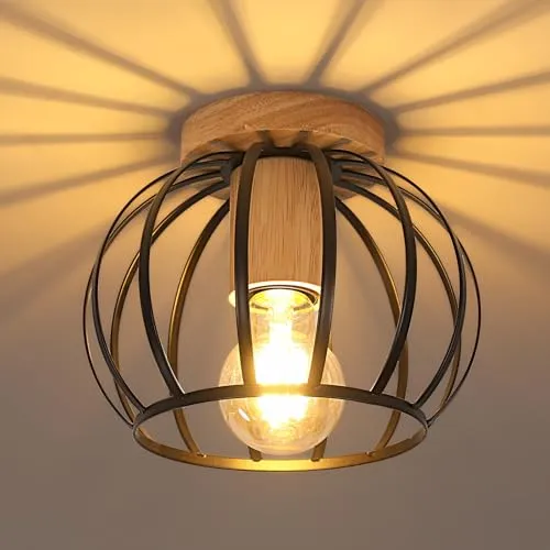 Goeco Deckenleuchte Schwarz, E27 Lampenfassung Industrial Lampenschirm in Form eines Metallkäfigs mit Holzsockel, Deckenlampe Vintage für Flur, Balkon und Speisesaal, Ø 19cm