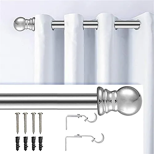 Gardinenstange, 76-152CM Gardinenstange für Fenster mit Rundem Endstück Einzel mit Finials aus Edelstahl, Gardinenstange Verstellbare Dekorative Fenster für Küche Schlafzimmer Fenster/Silber