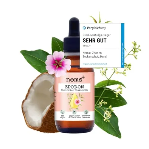 noms+ Zpot-on für Hunde 50 ml - Pflanzenbasierter Zeckenschutz für Hunde, wirksam gegen Zecken, Flöhe, Milben & Mücken. Sicher und vegan, ideal für Naturabenteuer mit deinem Vierbeiner!