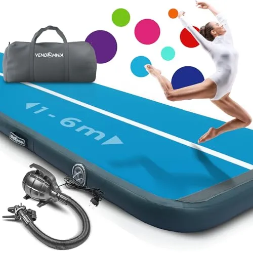 AIRTRACK Tumbling Matte 200x100x20cm - Blau-Grau mit Pumpe - Die AIRTRACK Tumbling Matte ist perfekt für Indoor- und Outdoor-Training. Dank der mitgelieferten Pumpe ist sie schnell einsatzbereit. Ideal für Gymnastik, Akrobatik und mehr - robust und transportabel!