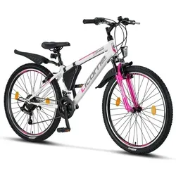 Licorne Bike Premium Mountainbike - 20, 24, 26 Zoll, Weiß/Rosa - Modernes Mountainbike mit robustem Rahmen in Weiß/Rosa, ideal für Abenteuer und Freizeit, geeignet für ein Gesamtgewicht von bis zu 95 kg.