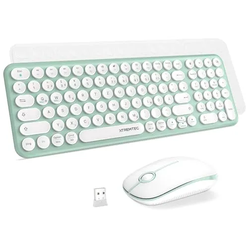 XTREMTEC kabellose Tastatur und Maus,Retro runde Schreibmaschine Tastatur,Slim Funktastatur leise Set,USB 2.4GHz Verbindung,kompakte Tastatur für Laptop,iMac,Windows,PC(Grün-weis)-Deutsche Tastatur