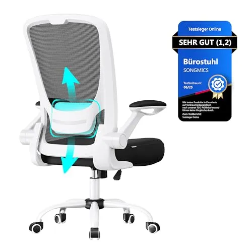 Songmics Bürostuhl OBN37WTV2, schwarz, Stoff/Netz - Drehstuhl mit verstellbarer Lordosenstütze und klappbaren Armlehnen, ideal für ergonomisches Sitzen bis 120 kg. Atmungsaktiver Netzbezug sorgt für Komfort während der Arbeit.