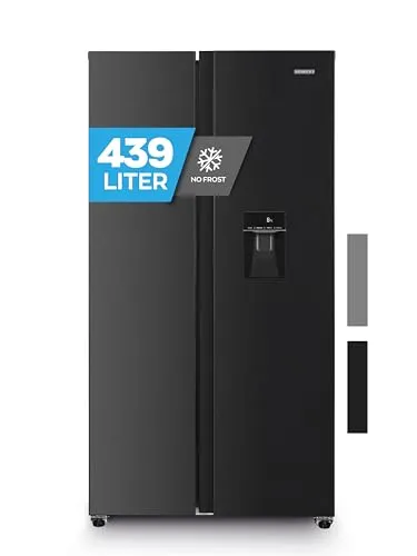 Heinrich's Side-by-Side Kühlschrank - Kühlschrank mit 439L Gesamtvolumen, NO-FROST-Technologie und integriertem Wasserspender für frisches, kaltes Wasser auf Knopfdruck.