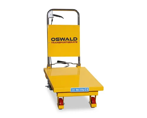 OSWALD Transportgeräte Gabelhubwagen - Fahrbarer Hubtisch bis 1.500 kg - Hubwagen für Lager und Werkstatt mit manuellem Heben, ideal für ergonomisches Arbeiten. Flexibel einsetzbar mit hochwertigen Polyurethan-Rollen und optimaler Wendigkeit.