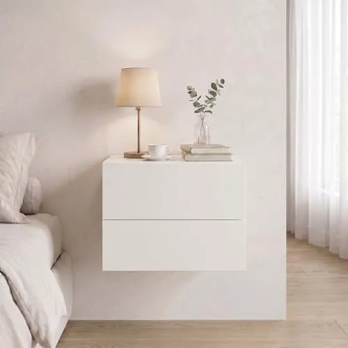 Caro-Möbel Nachtkommode ANNI, Hängender Nachttisch - Nachtkonsolen mit 2 Schubladen, ideal für platzsparende Aufbewahrung und modernes Design in Weiß.