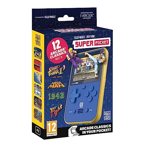 BLAZE Capcom Super Pocket - Tragbares Gaming-Gerät mit 12 lizenzierten Capcom Arcade-Klassikern, ideal für unterwegs. USB-C-Anschluss für schnelles Aufladen und kompatibel mit Evercade-Cartridges.