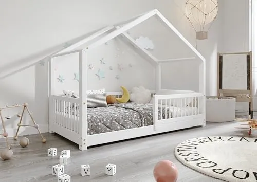 TIMBEE MURLO - Kinderbett Holz - Hausförmig mit Sprossen - 100x200cm - Robustes Kinderbett aus hochwertigem Kiefernholz, ideal für eine sichere Schlafumgebung. Mit abgerundeten Kanten und stabilen Geländern für zusätzlichen Schutz. Perfekt zum kreativen Gestalten des Kinderzimmers.