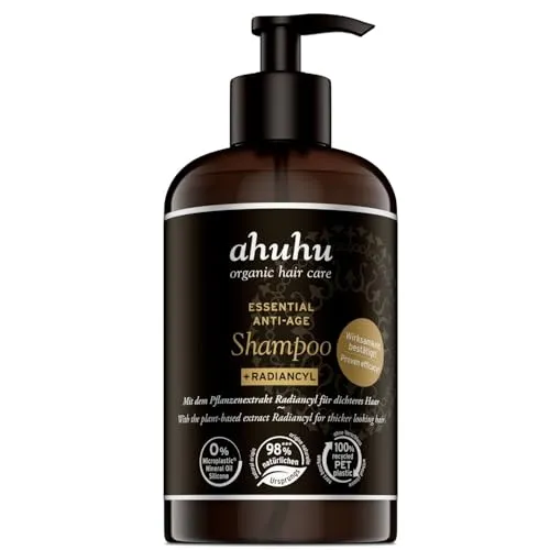 ahuhu ESSENTIAL ANTI-AGE Shampoo (250 ml) – Effektives Shampoo für volles Haar - Das pflegende Shampoo mit innovativer Formel unterstützt die Haarstruktur und sorgt für sichtbar volleres Haar. Ideal für alle Haartypen und regelmäßige Anwendung – für gesundes und kräftiges Haar.