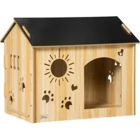 PawHut Hundehütte mit Dach – Elegantes Hundehaus für drinnen - Tierhäuser, stilvolle Hundehütte aus MDF in Eiche und Schwarz, ideal für Komfort und Sicherheit, Maße: 69 x 50 x 58,5 cm.