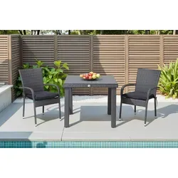 Ploß Rocking Balkon-Set, grau/braun-meliert, Polyrattan, Tisch 90x90 cm, 2 Stapelstühle, Glasplatte in Steinoptik