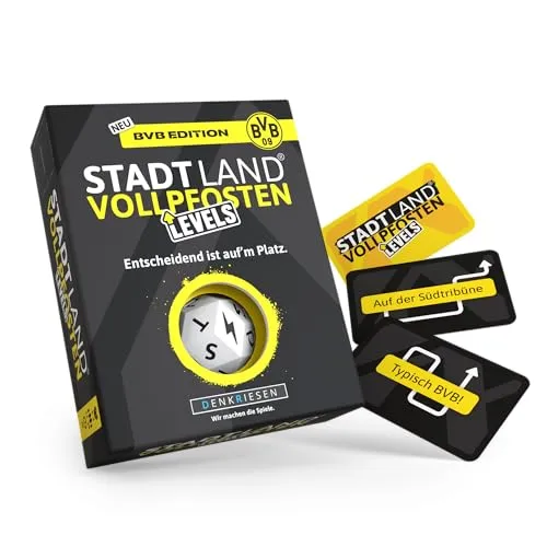 DENKRIESEN Stadt Land VOLLPFOSTEN® Levels – BVB Edition | 60 Karten | ab 12 Jahren | ca. 30 min | 2-6 Spieler | Borussia Dortmund Fan Spiel | Stadt Land Fluss BVB