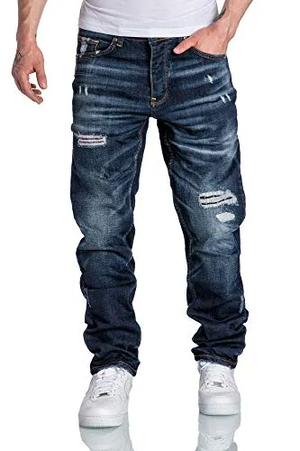 Amaci&Sons Herren Jeans Regular Straight Fit Denim Hose Destroyed 7984 Dunkelblau (Patches) W40/L30 - Stylische Herren Jeans im Regular Straight Fit mit modischen Destroyed-Details und Patches. Ideal für lässige Outfits und bequem im Alltag.