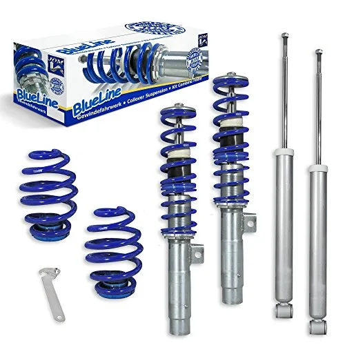 JOM 741015 Gewindefahrwerk BlueLine Set VA/HA - Fahrwerkssatz für 3er E46 (1998-2005), verstellbar von 40-65 mm vorne und 30-60 mm hinten, ideal für optimale Straßenlage und Fahrkomfort.